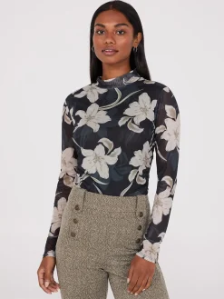 Floral Print Mock Neck Mesh Top