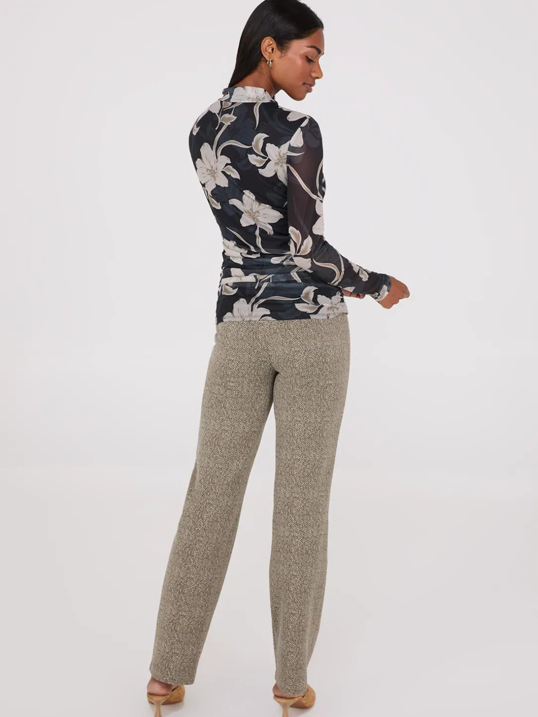 Floral Print Mock Neck Mesh Top