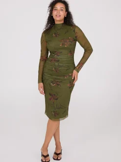 Floral Print Mock Neck Mesh Dress