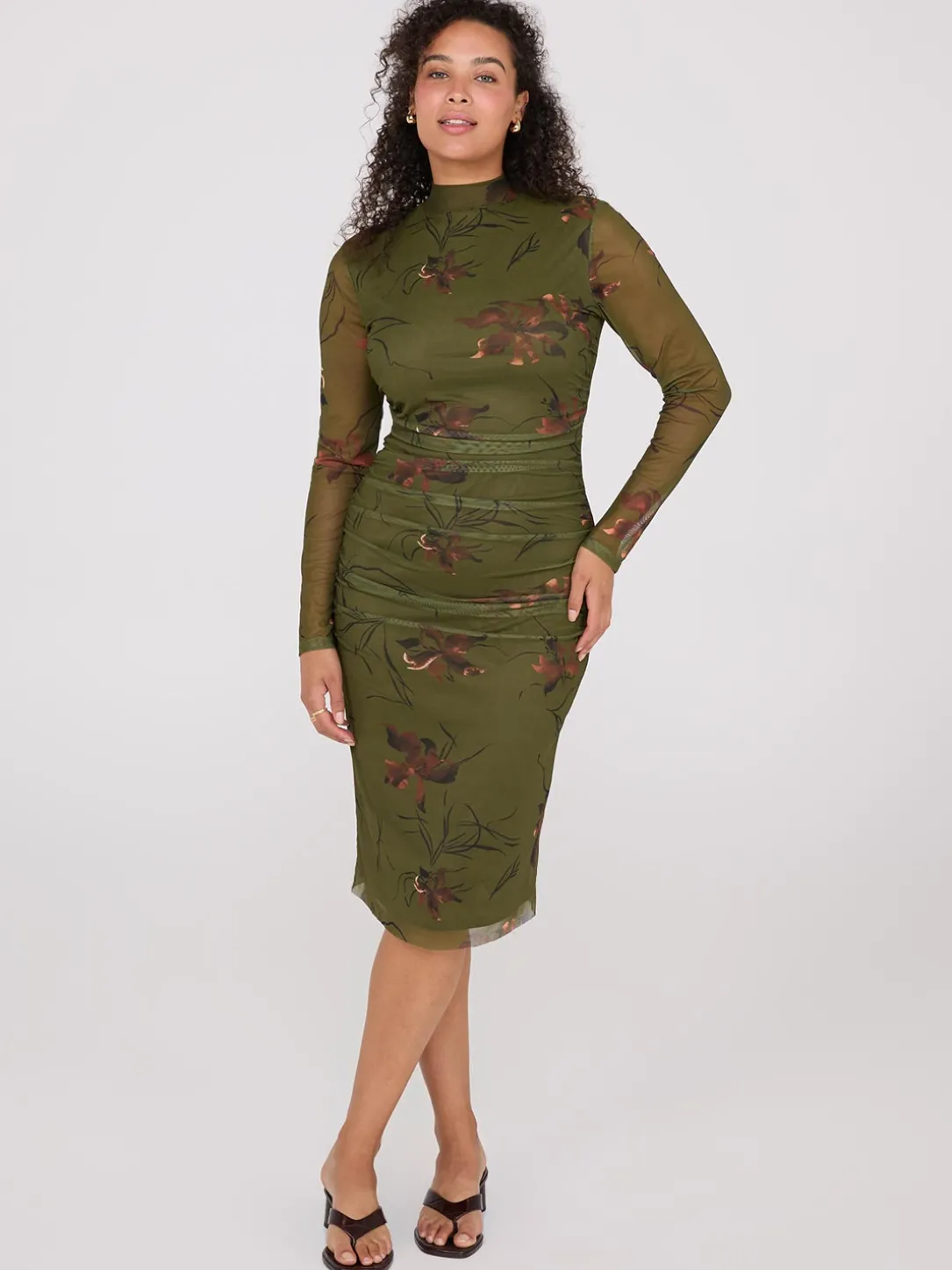 Floral Print Mock Neck Mesh Dress