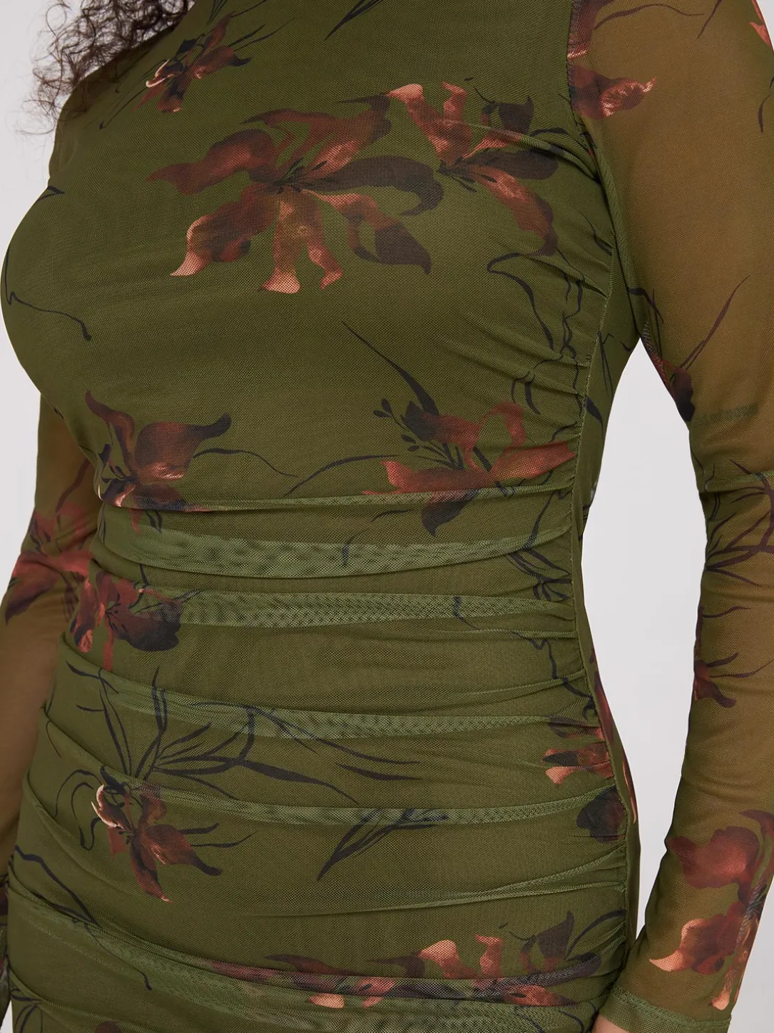 Floral Print Mock Neck Mesh Dress