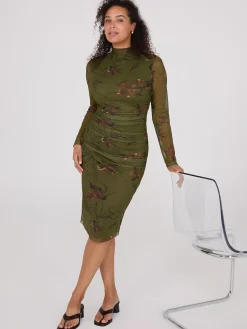 Floral Print Mock Neck Mesh Dress