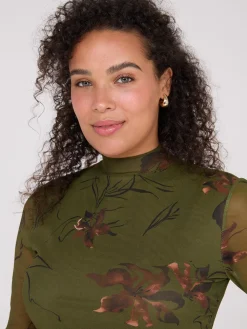 Floral Print Mock Neck Mesh Dress