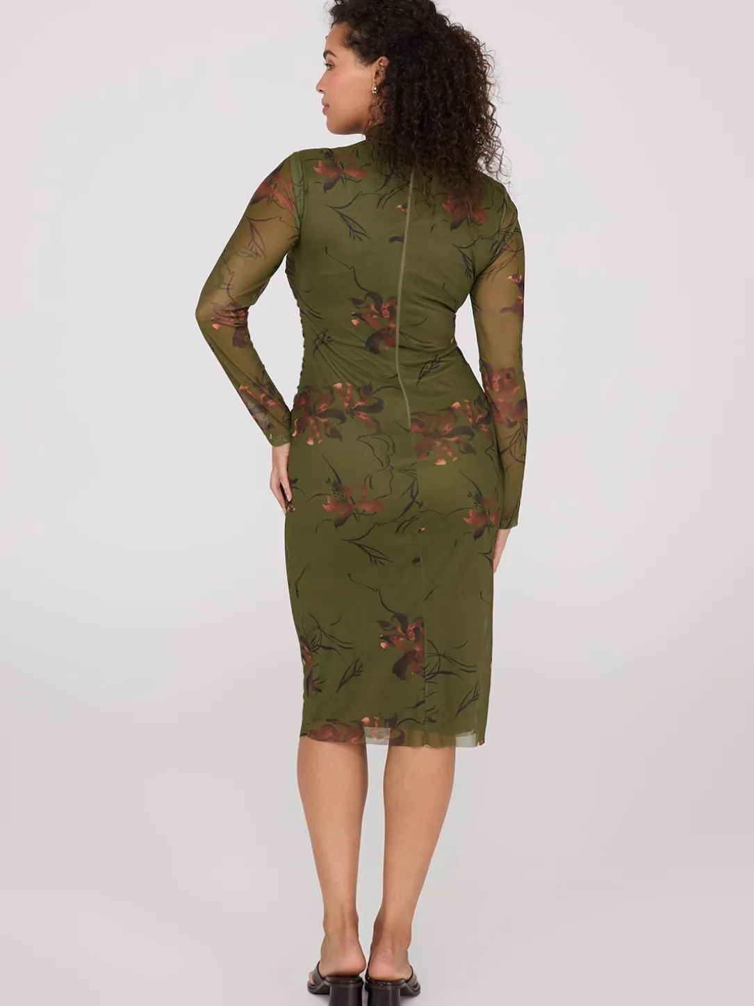 Floral Print Mock Neck Mesh Dress