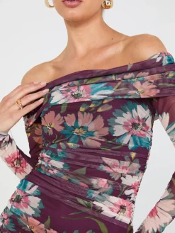 Floral Print Off-The-Shoulder Mesh Dress