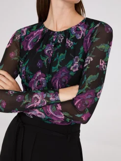 Floral Print Ruched Mesh Top
