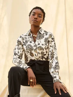 Floral Print Satin Button-Front Blouse