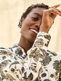 Floral Print Satin Button-Front Blouse