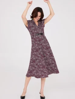 Floral Print Shawl Collar Belted Midi Dress