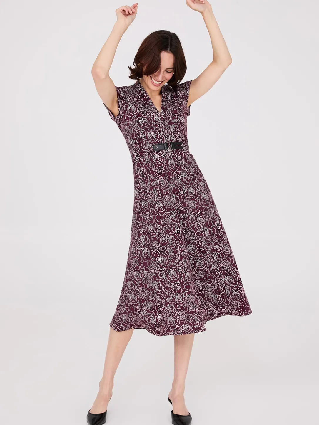 Floral Print Shawl Collar Belted Midi Dress