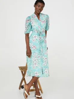 Floral Print Split Neck Dress With Balloon Sleeves