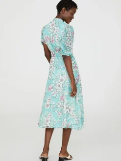 Floral Print Split Neck Dress With Balloon Sleeves