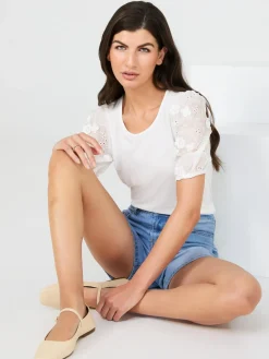 Flower Embroidered Eyelet Sleeve Top