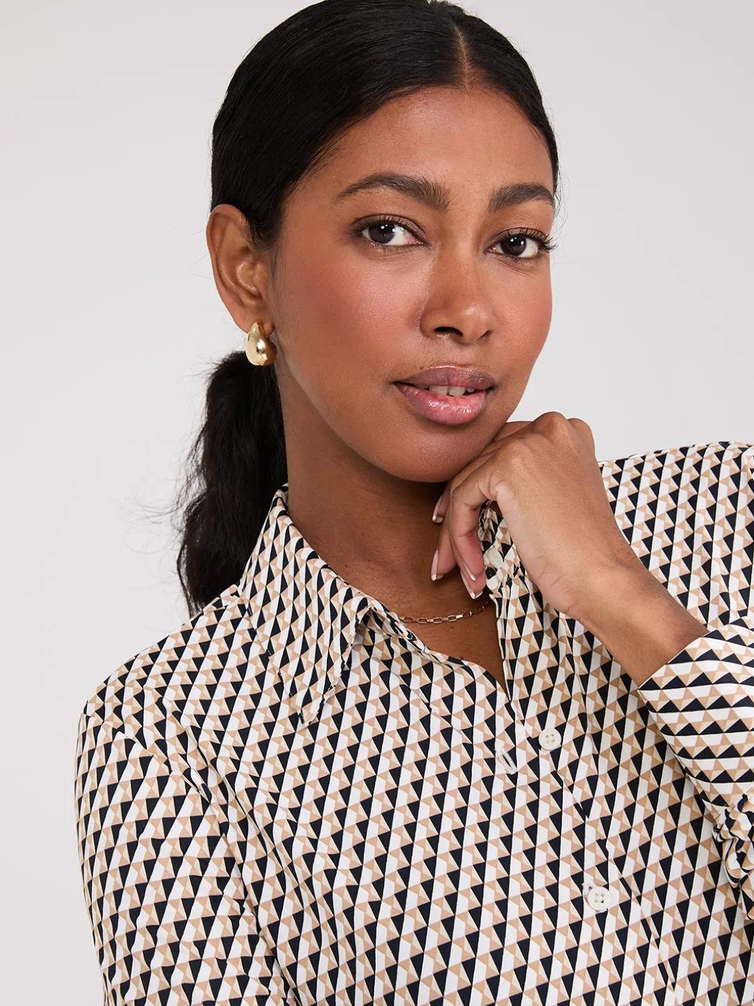 Geo Print Button-Front Classic Blouse