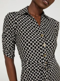 Geo Print Button-Front Midi Dress With Pockets
