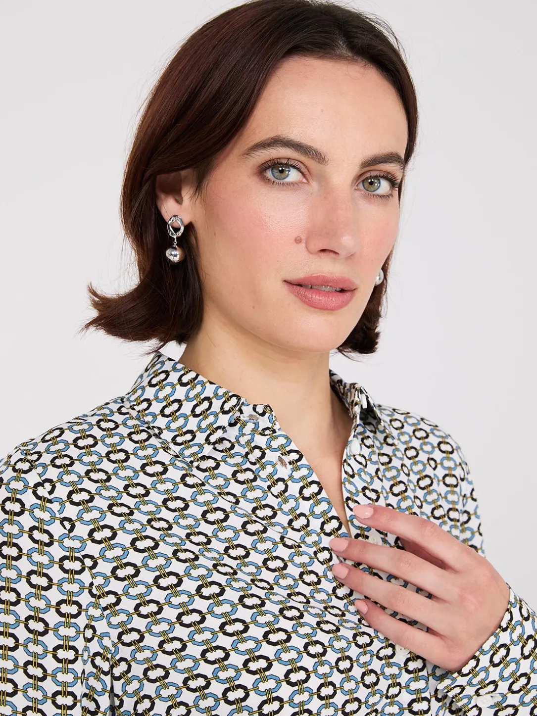 Geo Print Chiffon Button-Front Blouse
