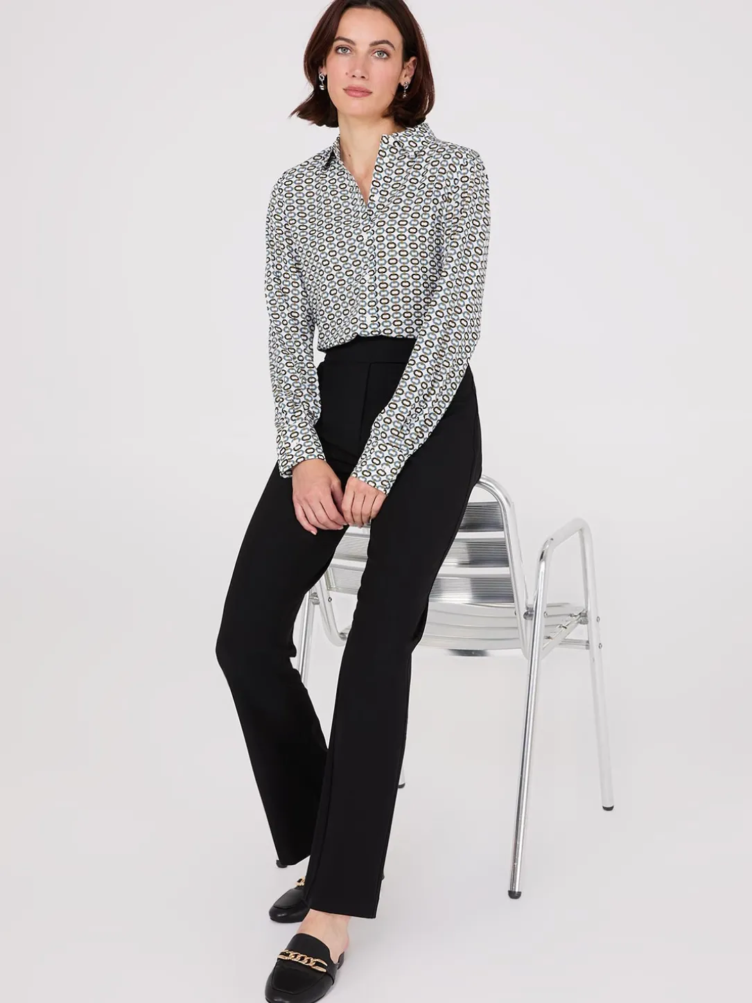 Geo Print Chiffon Button-Front Blouse