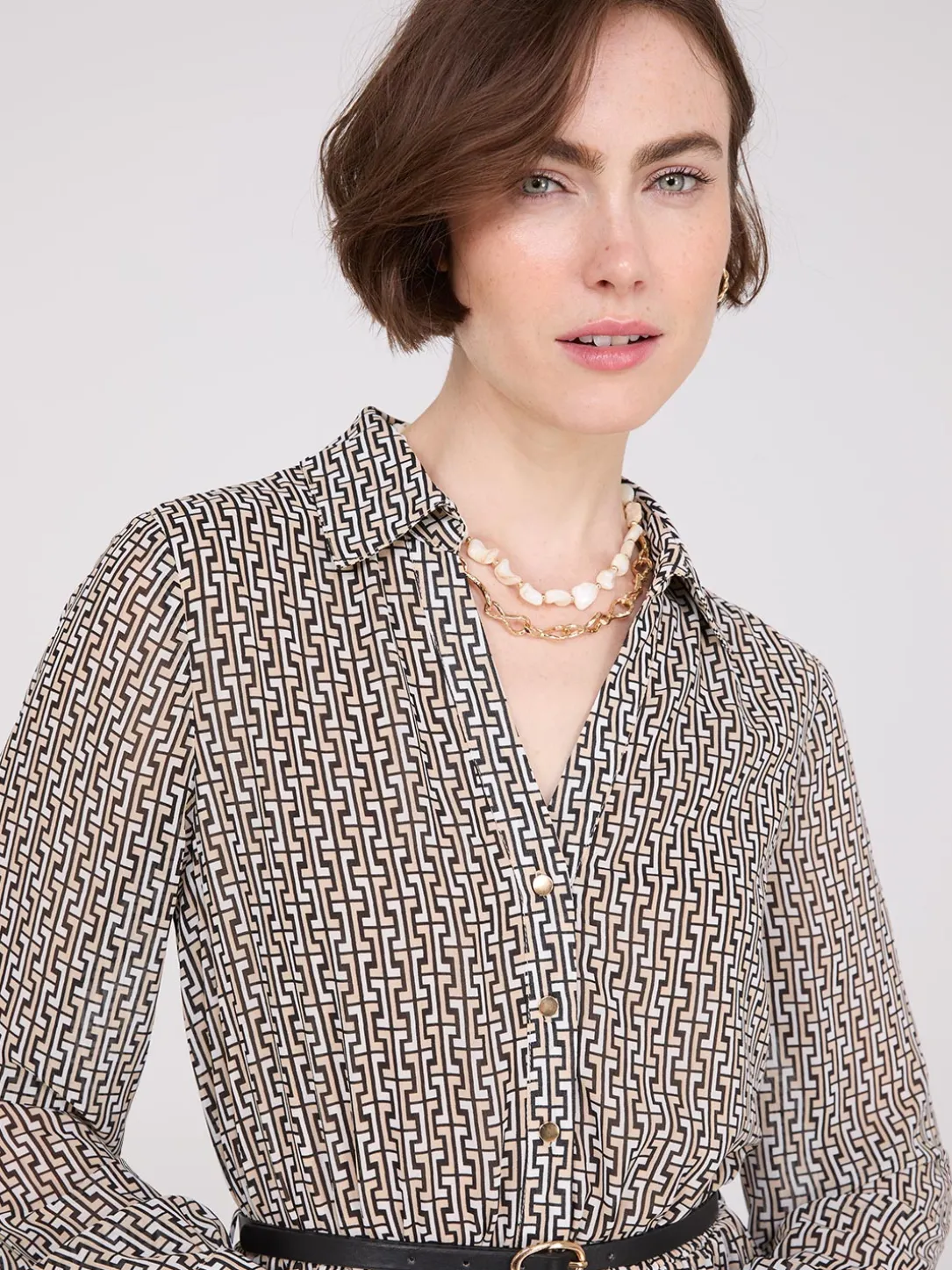 Geo Print Chiffon Dress With Belt