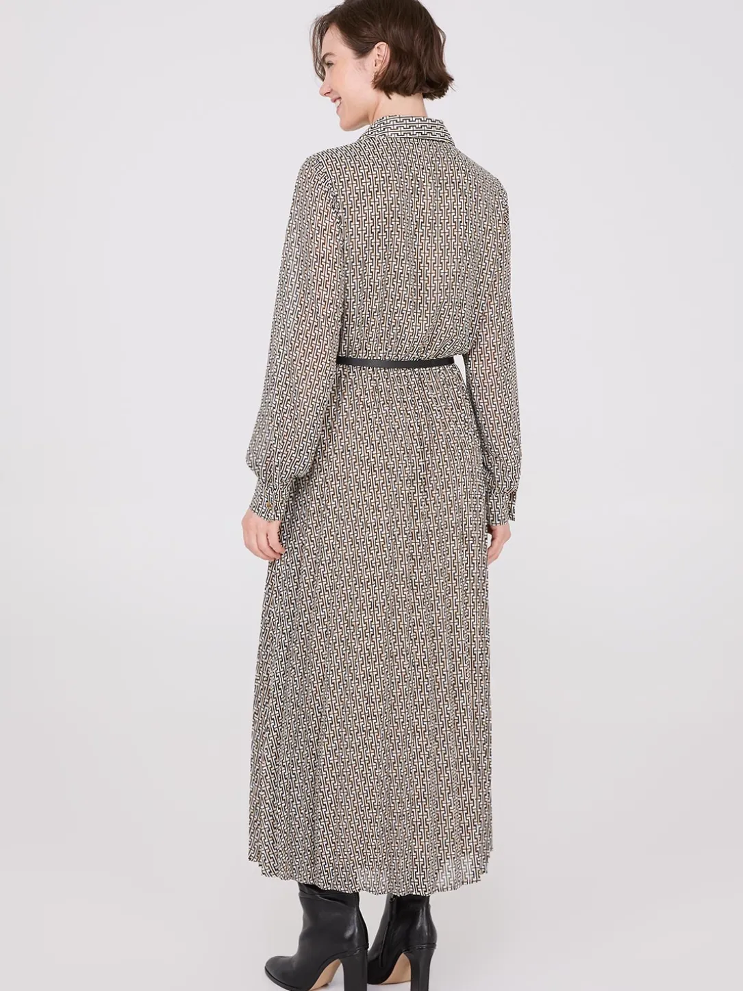 Geo Print Chiffon Dress With Belt