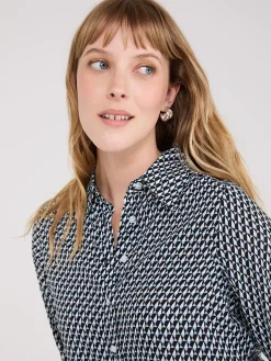 Geo Print Crepe Chiffon Button-Front Blouse