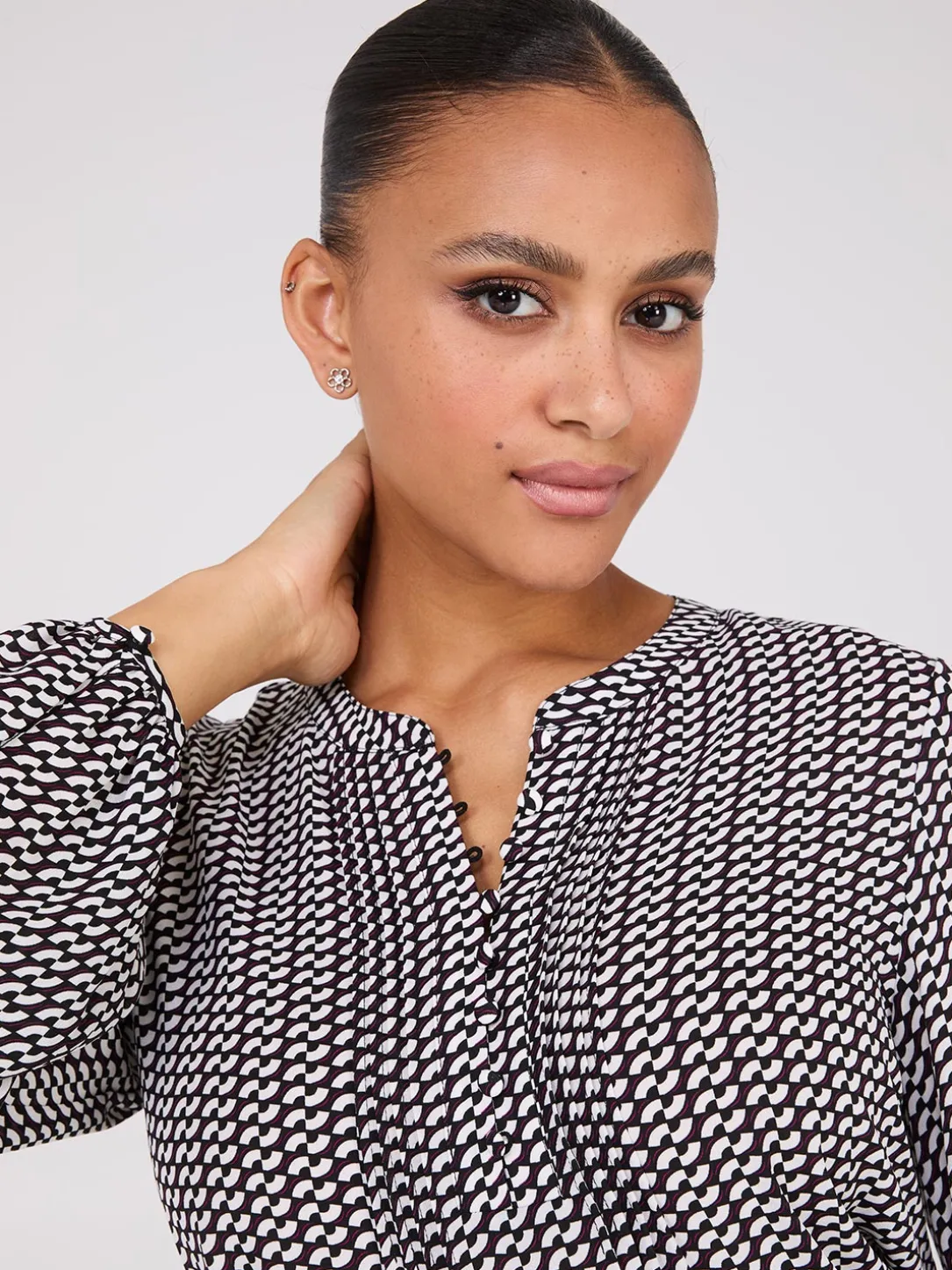 Geo Print Pintuck Popover Blouse