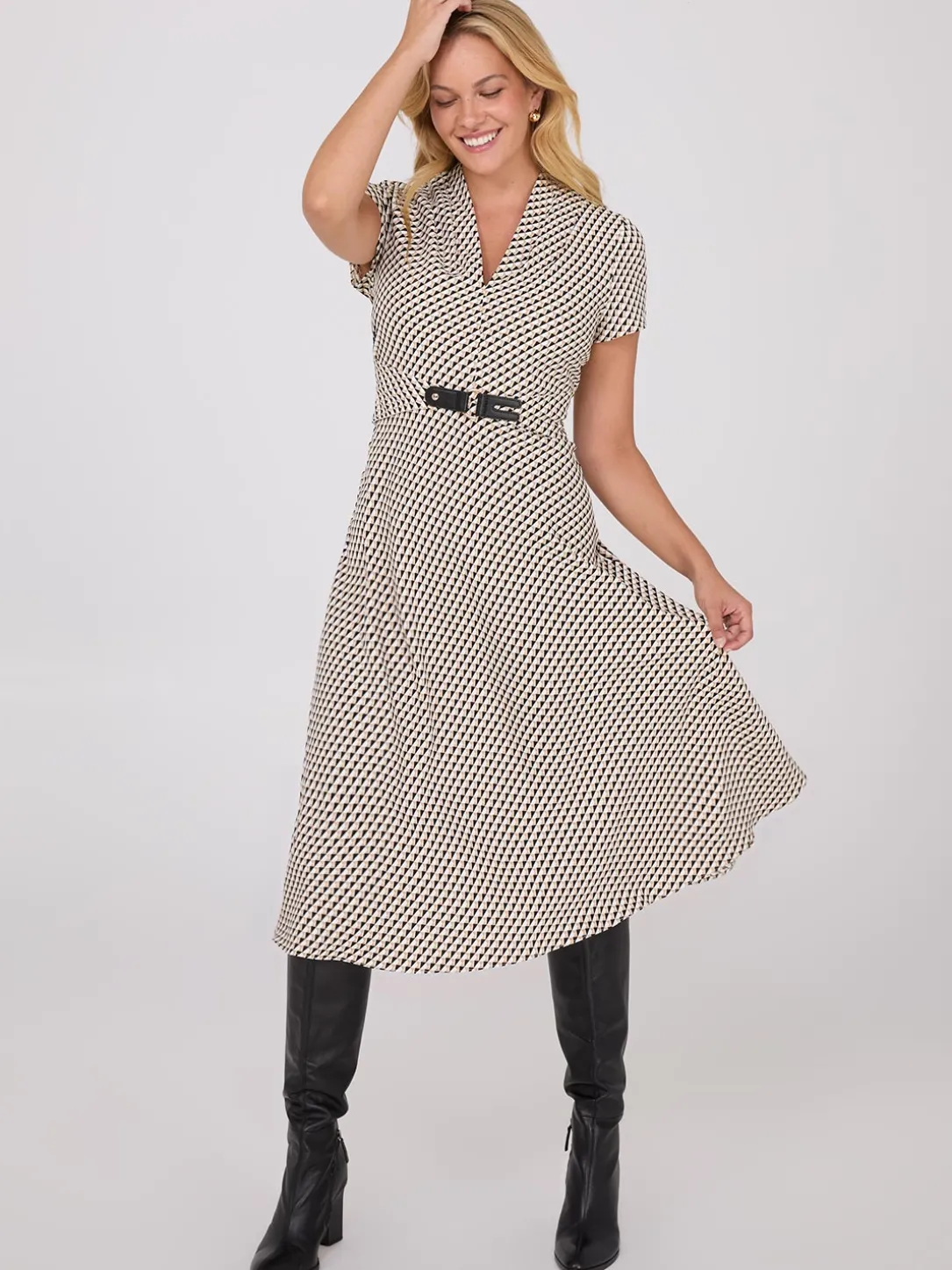 Geo Print Shawl Collar Belted Midi Dress