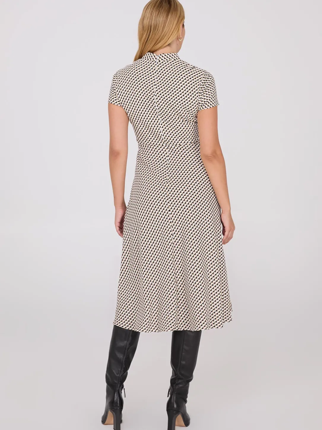 Geo Print Shawl Collar Belted Midi Dress