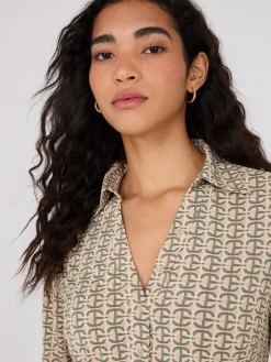 Geo Print Split Neck Button-Down Blouse