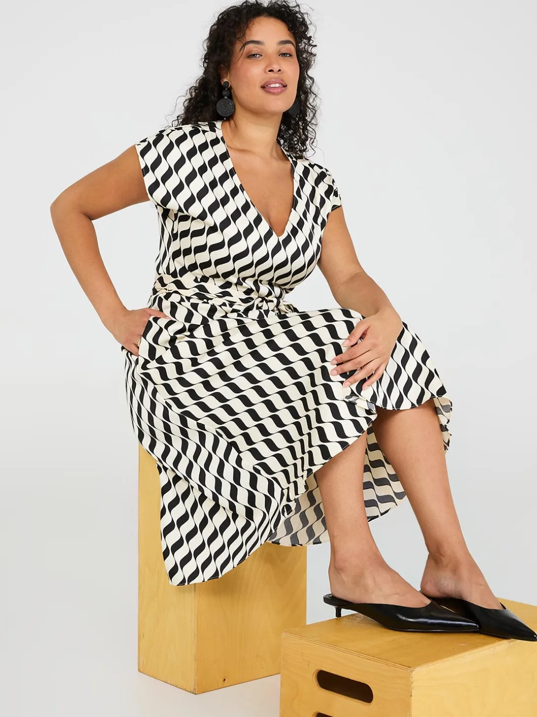 Geo Print V-Neck Satin Midi Dress