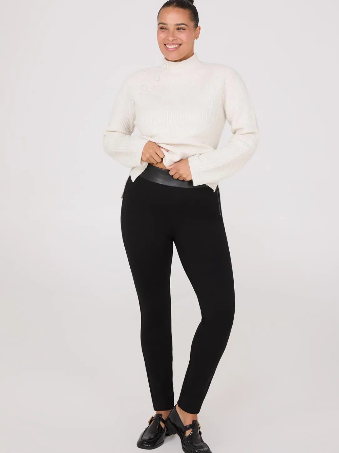 High-Rise Pants With Faux Leather Waistband
