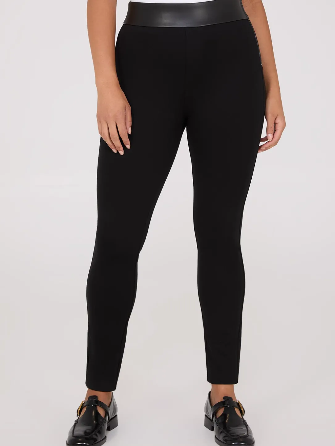 High-Rise Pants With Faux Leather Waistband