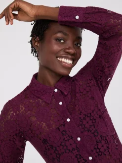 Lace Button-Front Fitted Blouse