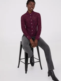 Lace Button-Front Fitted Blouse
