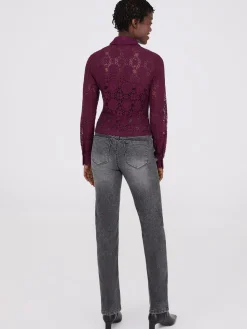 Lace Button-Front Fitted Blouse