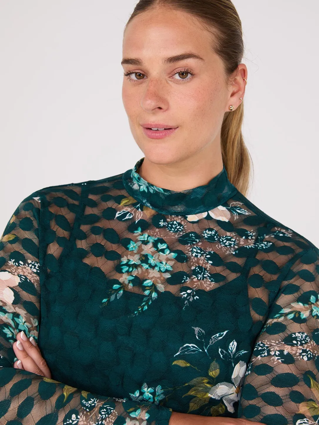 Lace Floral Print Mock Neck Top