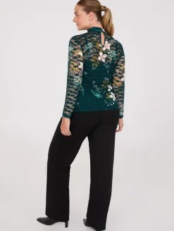 Lace Floral Print Mock Neck Top