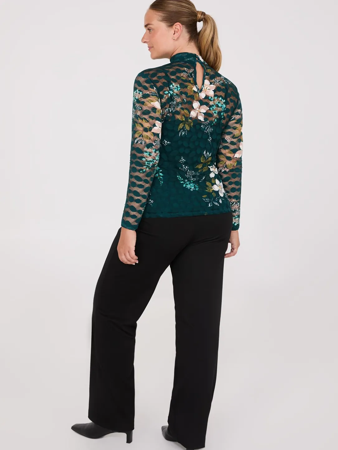 Lace Floral Print Mock Neck Top