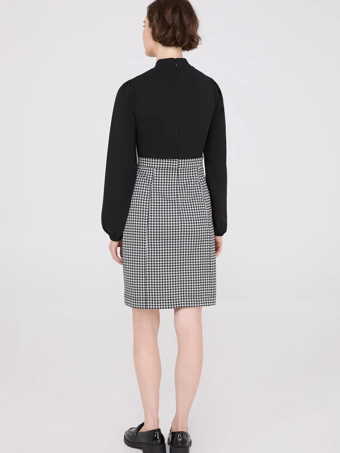 Long Sleeve 2-Fer Checkered Mini Dress
