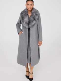 Long Wrap Coat With Faux Fur Collar