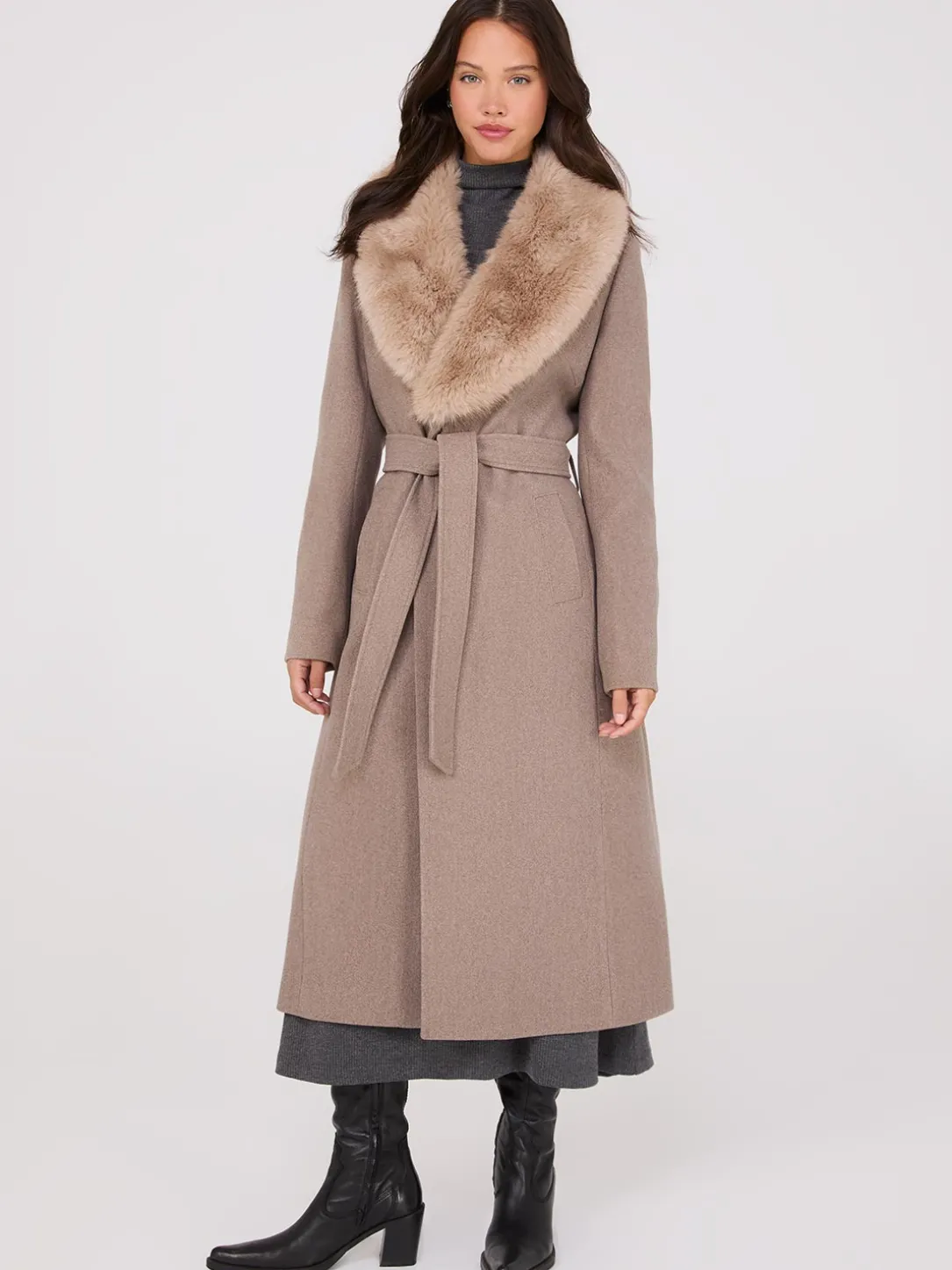 Long Wrap Coat With Faux Fur Collar