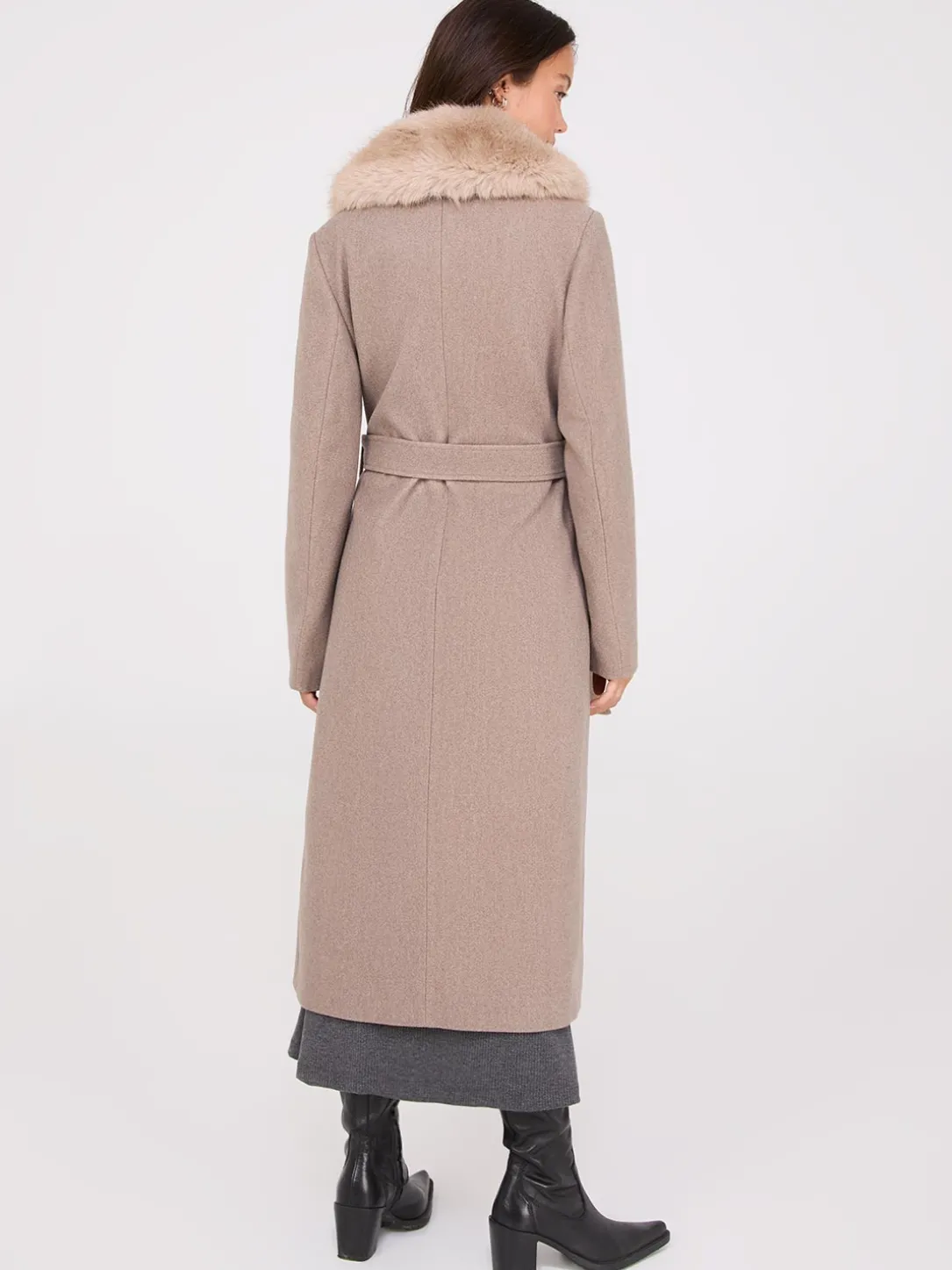 Long Wrap Coat With Faux Fur Collar
