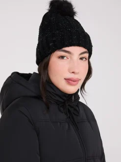 Metallic Beanie With Faux Fur Pom Pom