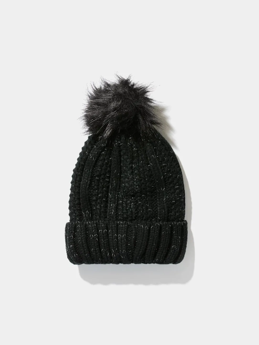 Metallic Beanie With Faux Fur Pom Pom