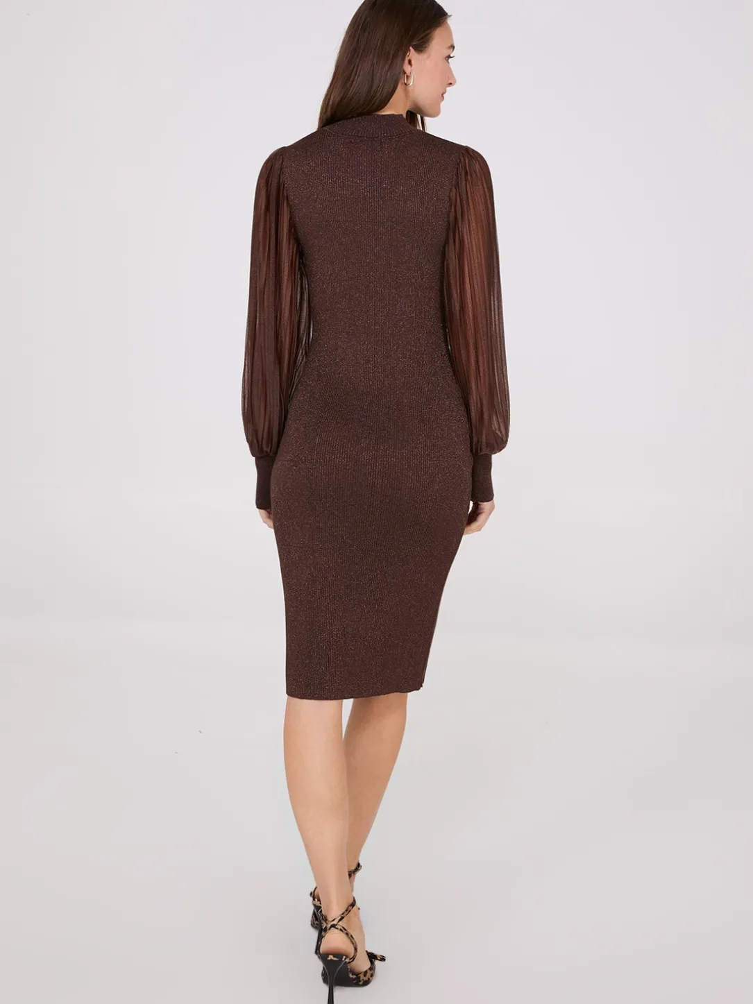 Metallic Mock Neck Midi Dress With Plisse Sleeves