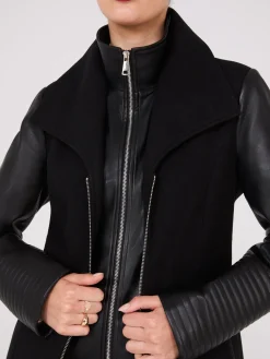 Mid-Length Coat With Faux Leather Details