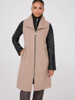 Mid-Length Coat With Faux Leather Details