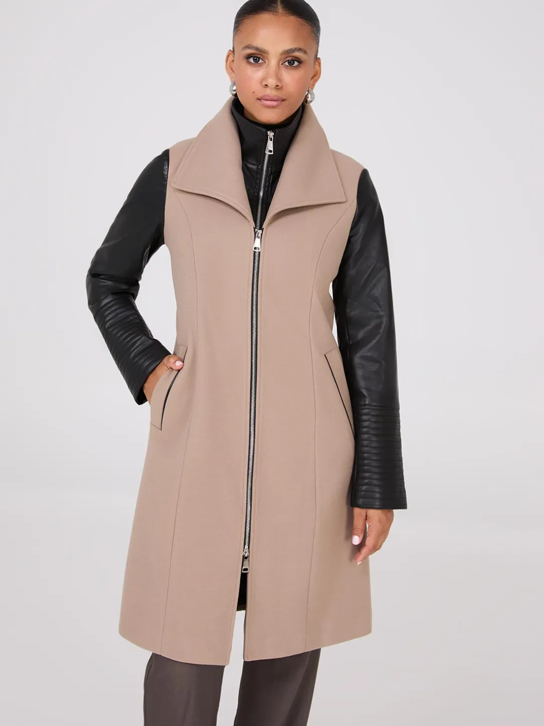Mid-Length Coat With Faux Leather Details