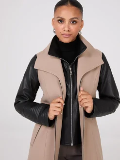 Mid-Length Coat With Faux Leather Details