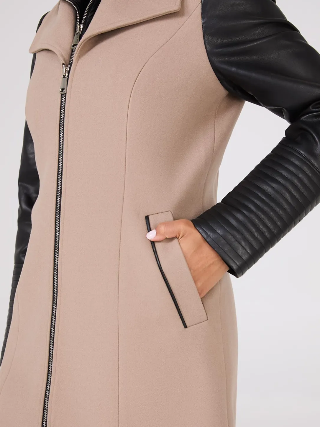 Mid-Length Coat With Faux Leather Details