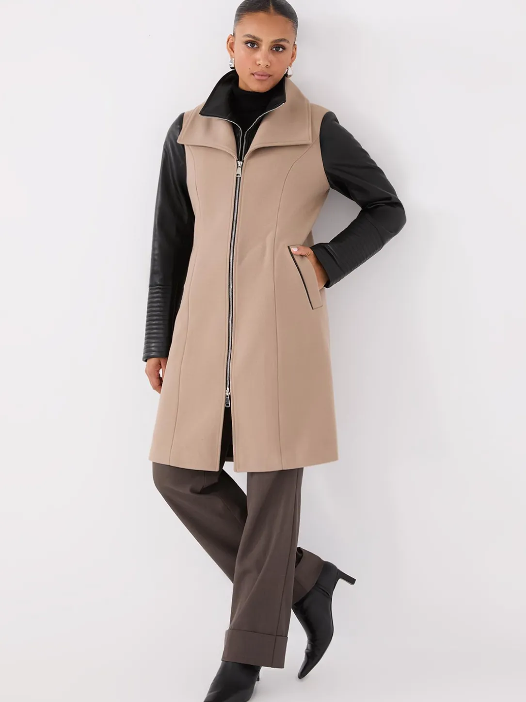 Mid-Length Coat With Faux Leather Details